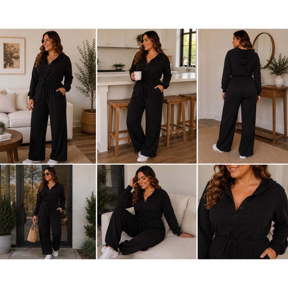 Madden Girl Black Ribbed Hooded Wide Leg Jumpsuit Small Lounge Travel Athleisure
